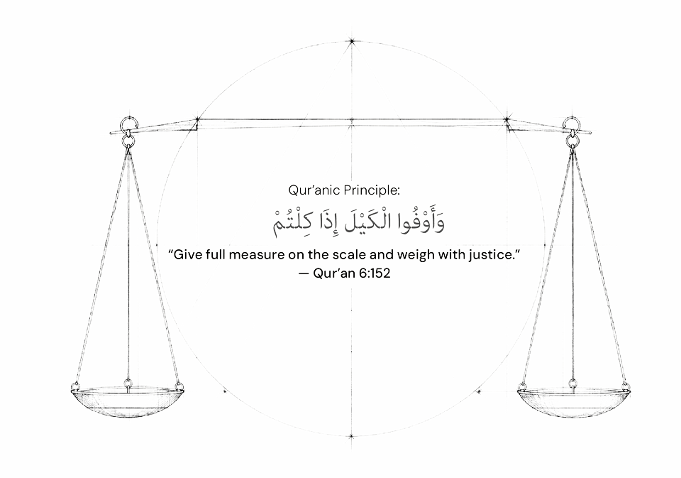 Pencil drawing of a balance with two pans, inscribed in a circle, with the Qur’anic principle “Give full measure on the scale and weigh with justice.” (Qur’an 6:152)