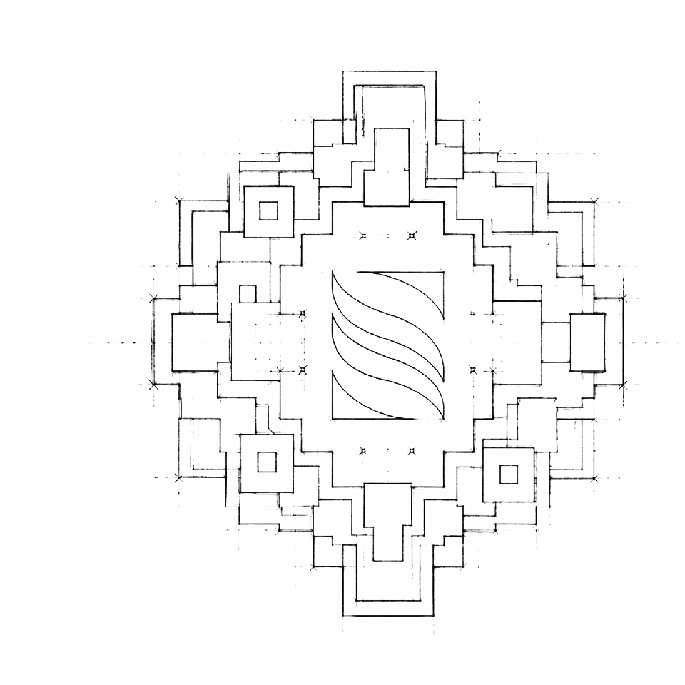 Pencil drawing of the SKALE mark at the centre of a stepped pattern growing outward